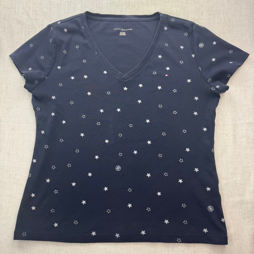 Tommy Hilfiger Womens Navy Blue Star Print V-Neck T-Shirt XL Cotton Short Sleeve